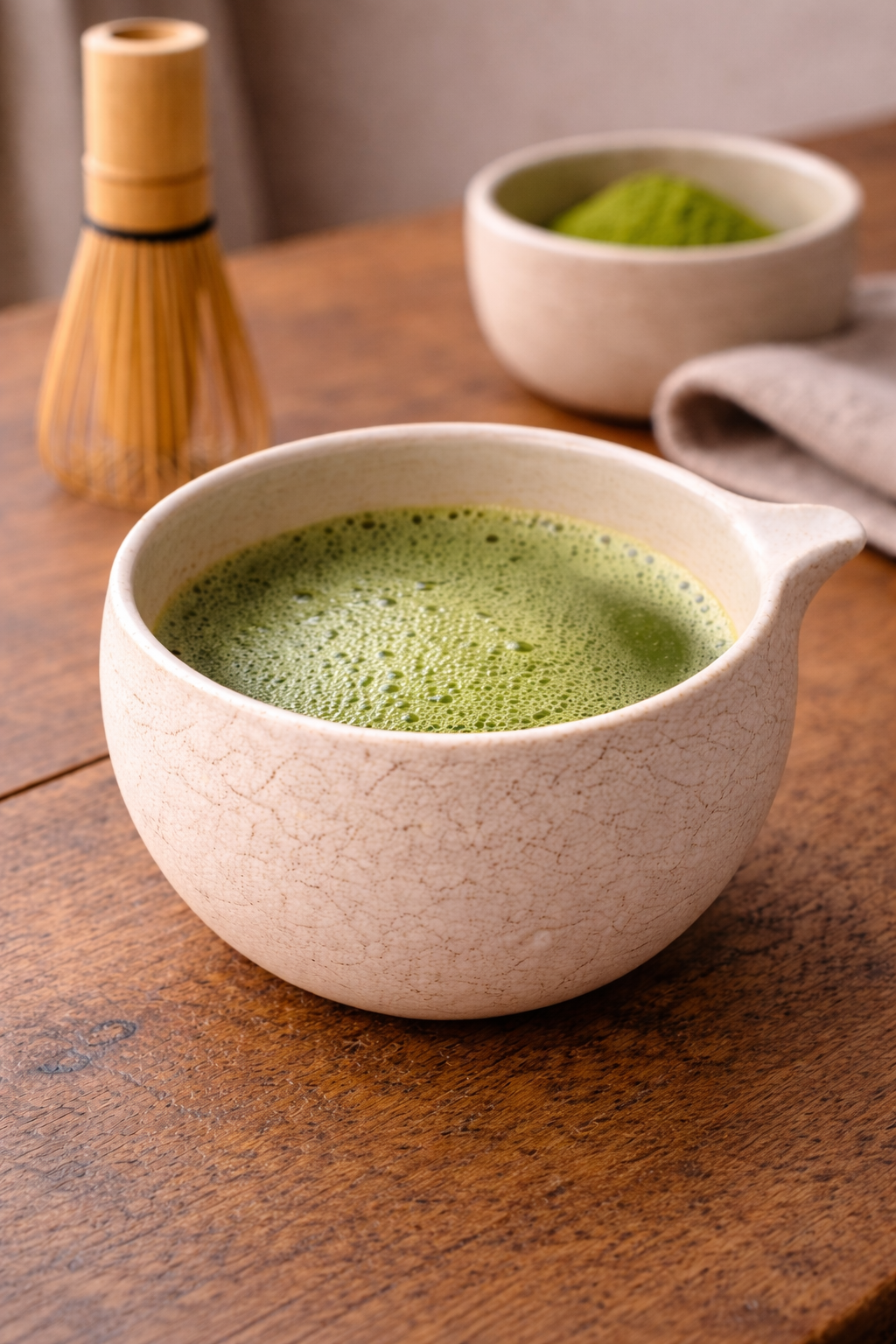 Frothy matcha in a ceramic bowl