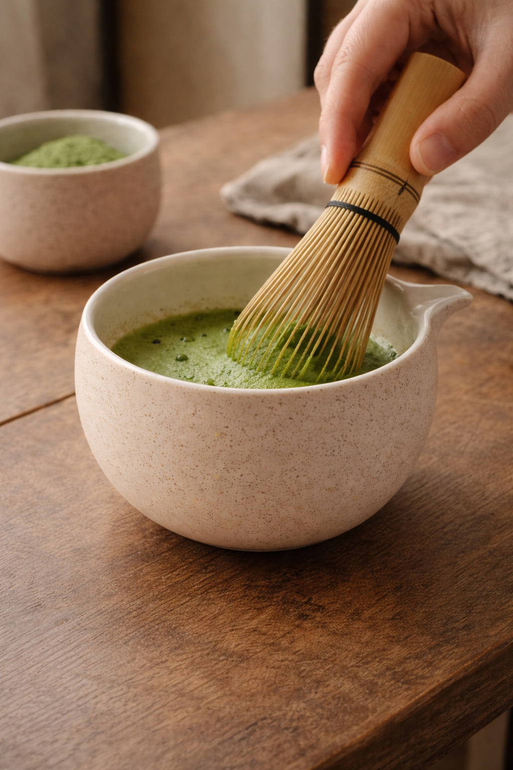Whisking matcha in a handmade bow